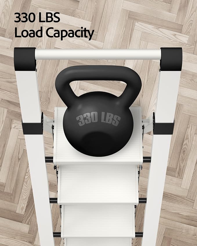 Taranta 4 Step Ladder, Lightweight Aluminum Step Stool with Convenient Handgrip, Folding Ladder with Anti-Slip Pedals, 330lbs Capacity Stepladder for Home, Office, Kitchen - White