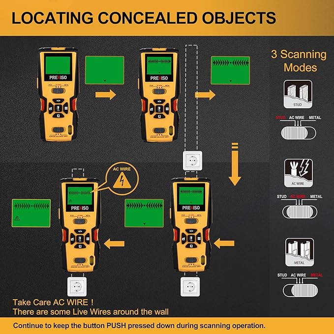 PREXISO 5-in-1 Stud Finder with Laser Level Marking & Ultrasound Distance Measure - Area, Volume, Addition | Wood, AC Wire Detector - Wall Scanner Beam Finders for Dry Interior Walls, Metal Studs