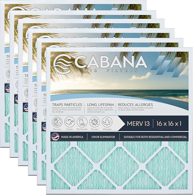 Cabana Filters 6-Pack 16x16x1 MERV 13 AC Furnace Air Filter for Home and Office - Indoor HVAC System Filtration Replacement, Captures Unwanted Particles