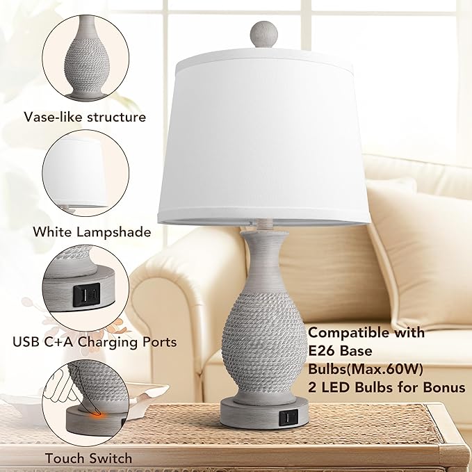 PARTPHONER Traditional Table Lamps Set of 2, Bedside Touch Lamp with USB C+A Charging Ports, Rustic Farmhouse Table Lamps for Living Room Bedroom, Side Table Lamp with White Fabric Shade, Antique Grey