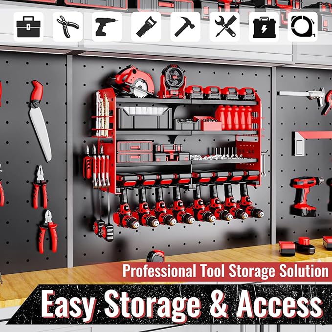 Metal Power Tool Organizer Rack Wall Mount, Garage Tool Drill Storage Shelves with Screwdriver Plier Holder (Red, 8 Drills Holder)