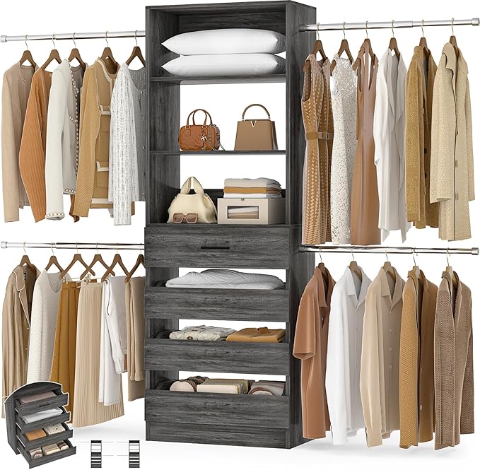 Aheaplus Closet System, 4-9Ft Organizer with 4 Wooden Drawers, Tower, Walk-in Wardrobe with 4 Hanging Rods, Black Oak