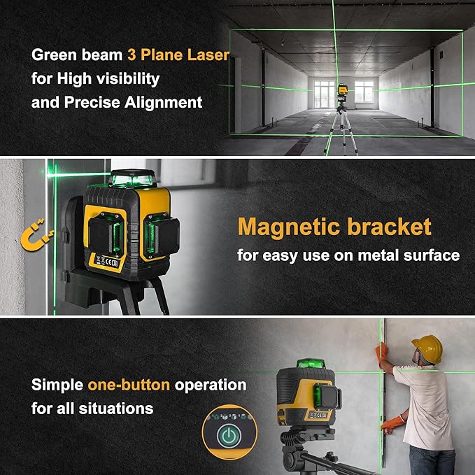 PREXISO 3 X 360° Laser Level with Tripod - Rechargeable 82Ft Cross Line Leveler, Green Line Laser Level Self Leveling for Construction, Tile, Home Renovation with Magnetic Base, Iron Plate, Bag