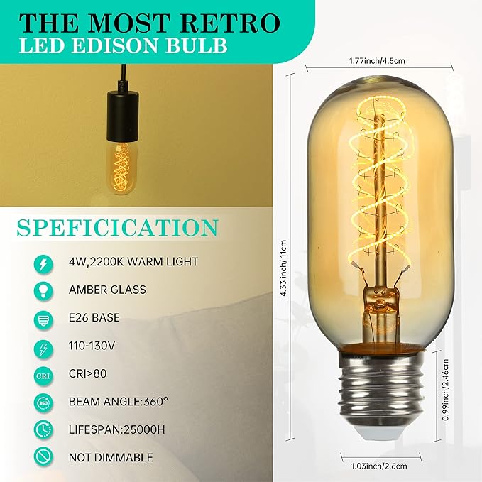 AMDTU Edison Bulbs 25 Watt E26 Base, Super Thin Spiral Filament Non-Dimmable, 25W Tubular Incandescent Light Bulb Replacement Soft Warm 2200K, T45 Amber Glass Retro LED Bulb 4W, 8 Pack