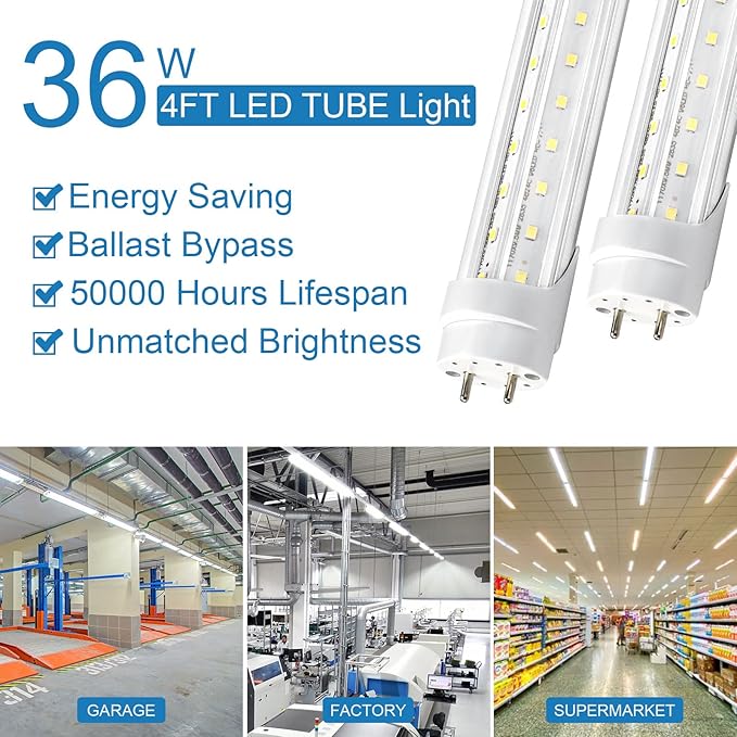 T8 LED Bulbs 4 Foot, 25-Pack 4FT LED Shop Light Tubes, 36W 4680LM 5000K Daylight White, T8 T10 T12 Fluorescent Replacement Bulbs, High Output V-Shaped, Remove Ballast, Double Ended Power