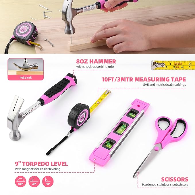125 PCS Pink Household Tool Set, Pink Ladies Basic House DIY Toolkit Set for Home Garage Office College Dormitory Use, Hand Tool Kits for Women