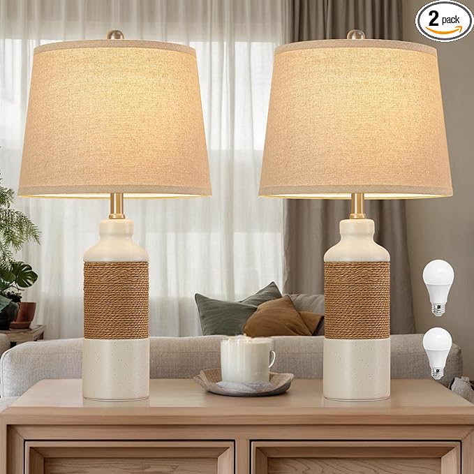 GyroVu Boho Rattan Table Lamp Set of 2, 3 Color Temperature Bedside Lamps, Lamps for Night Stands, Vintage Farmhouse Rattan Table Lamp Antique Lamp for Decoration, Living Room Bedside Table