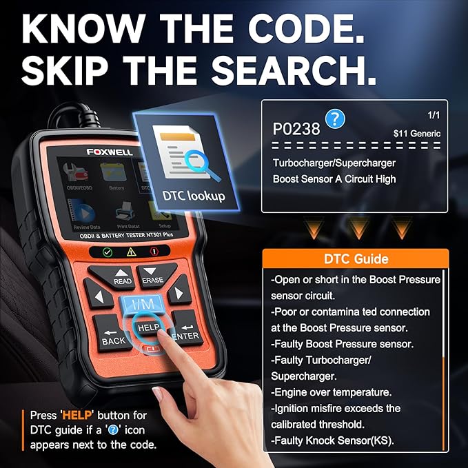 (Upgraded of NT301)FOXWELL NT301 Plus 2-in-1 OBD2 Scanner Battery Tester, Professional Check Engine Code Reader Car Diagnostic Tool, 12V 100-1100CCA Cranking Charging Analyzer for 1996+ Newer Vehicle