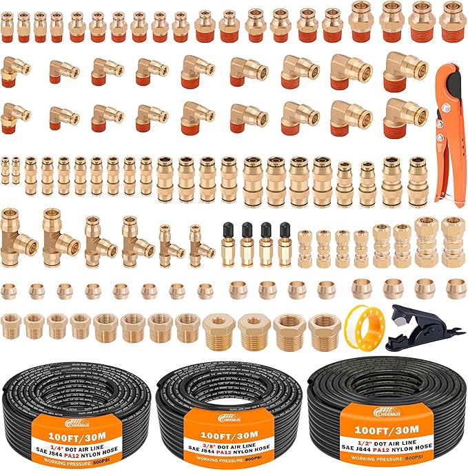 CheeMuii 112 PCS Brass DOT Air Line Fittings with 3 Roll 100FT 1/4" 3/8" 1/2" DOT Air Lines Kit Push Lock Air Fitting Quick Connect Air Fittings with Air Hose Pneumatic Tubing