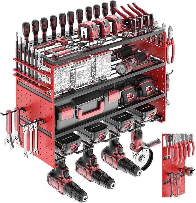 Power Tool Organizer Wall Mount, 4 Layers Tool Storage Rack with 2 Side Red Pegboards, 4 Drill Bit Rack,Heavy Duty Metal Garage Tool Shelf Organize for Workshop Garage Tool Room