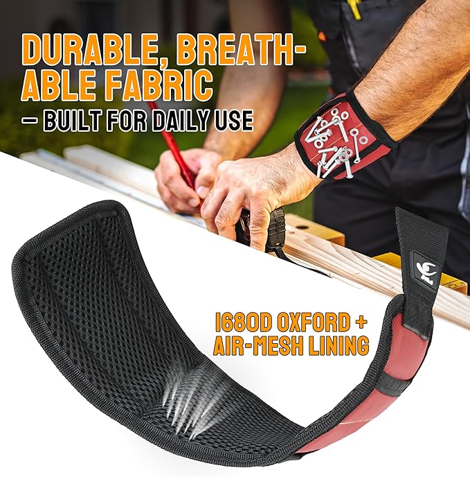 HiRui Magnetic Wristband for Tools – Ultra-Strong 15 Neodymium Magnets Hold Screws, Nails & Bits, Dual Pockets – Hands‑Free for DIY, Home Repairs, Auto – Gift‑Ready for Dad, Husband, Grandpa (Red)