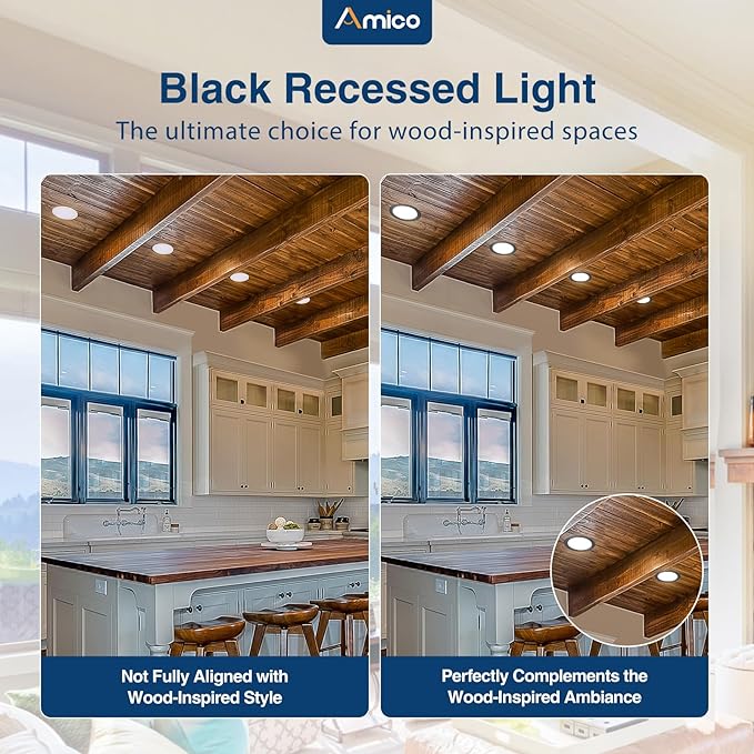 Amico 24 Pack 6 Inch Black 5CCT Ultra-Thin LED Recessed Ceiling Light with J-Box, 2700K/3000K/3500K/4000K/5000K Selectable, 12W Eqv 110W, Dimmable Canless Downlight, 1050LM High Brightness, ETL, FCC