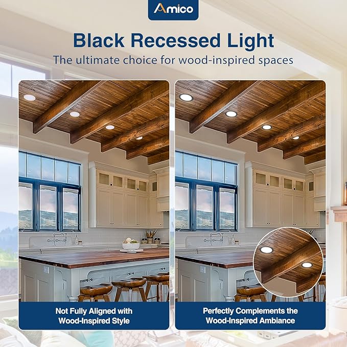 Amico 24 Pack 4 Inch Black 5CCT Ultra-Thin LED Recessed Ceiling Light with J-Box, 2700K/3000K/3500K/4000K/5000K Selectable, 10W Eqv 70W, Dimmable Canless Downlight, 800LM High Brightness, ETL, FCC