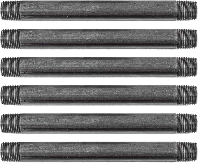PIPE DÉCOR 1/2” x 8” Malleable Cast Iron Pipe Nipple, Pre Cut Connectors, Industrial Steel Grey Fits Standard Half Inch Black Threaded Pipes Nipples and Fittings, Build Vintage DIY Furniture, 6 Pack
