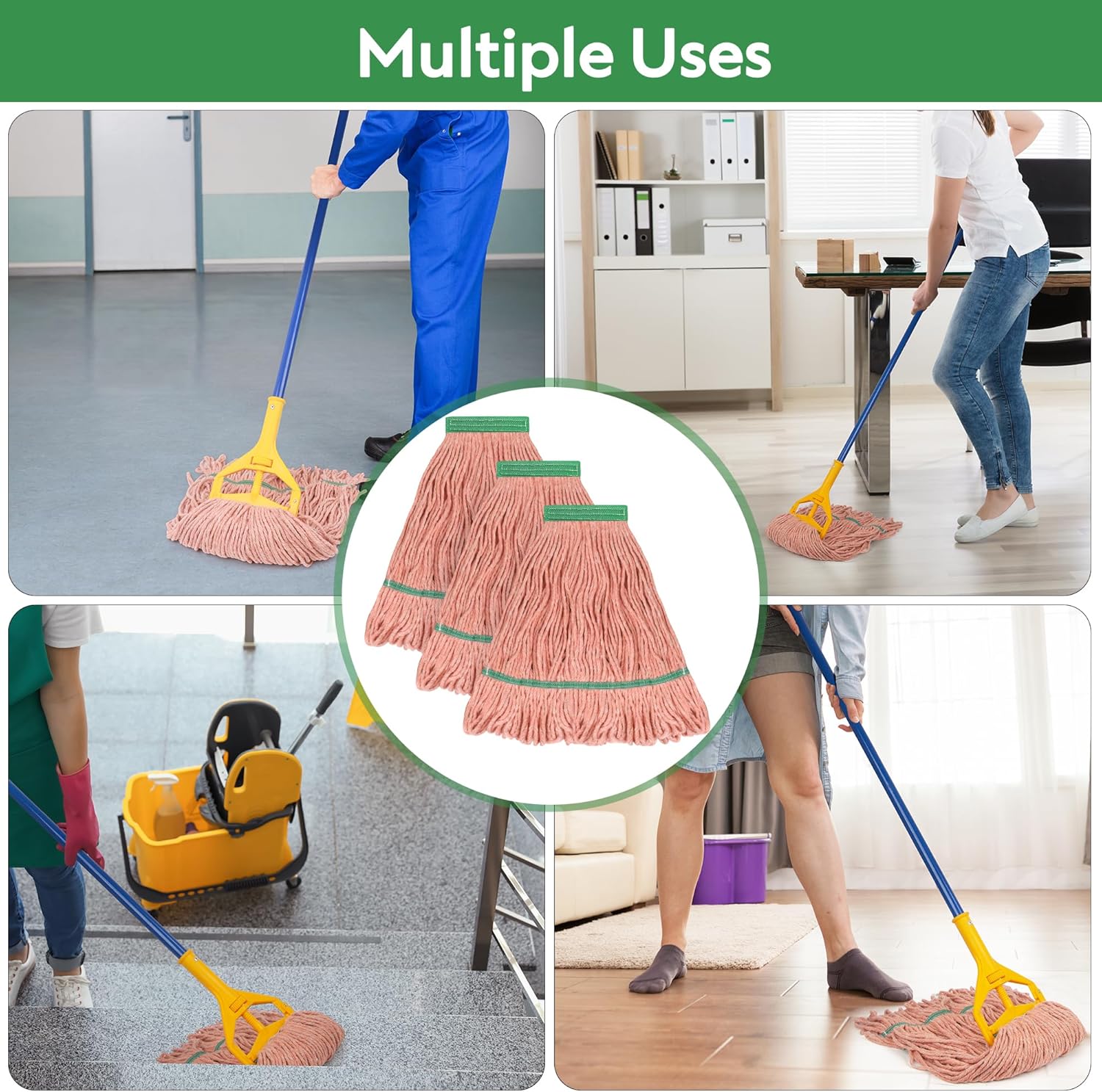 Matthew Cleaning Heavy Duty Mop Head Commercial Replacement for General and Floor Cleaning , Wet Industrial Blue Cotton Looped End String Head Refill (Pack of 3) Orange