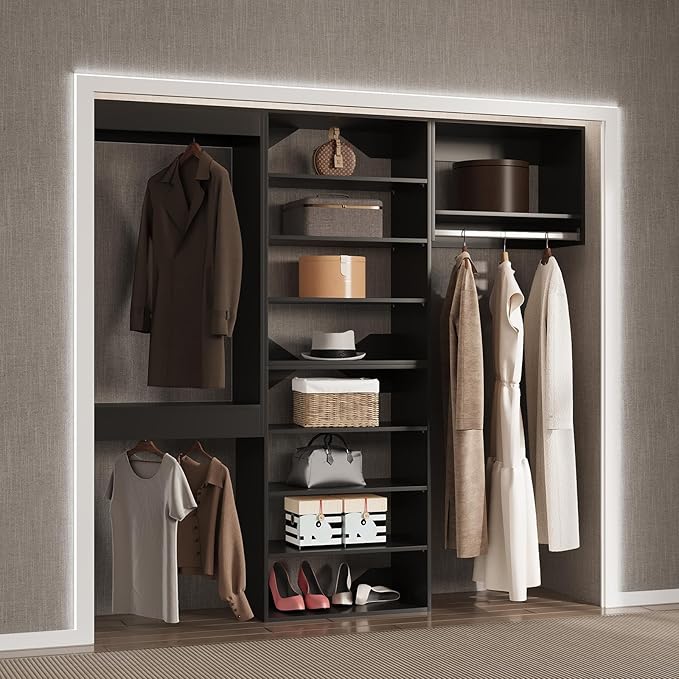 Modular Closet System - 66" Wide Organizer Towers, Wooden Storage for Walk-In Closets, Wall Mounted Wardrobe Organizer Kit - Black