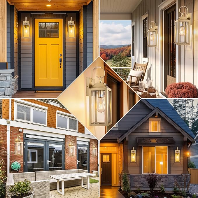 Dusk to Dawn Wall Lights 2 Pack, Gold Outdoor Light Fixtures, 15 Inch Exterior Wall Sconces Waterproof, Large Outside Lights for House, Modern Wall Lanterns Clear Glass