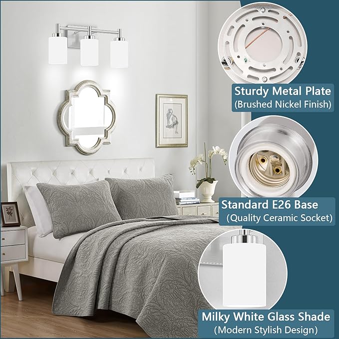 3-Light Brushed Nickel Bathroom Light Fixtures Over Mirror, Rustproof Brushed Nickel Vanity Light, Modern Bathroom Vanity Lights with Milky White Glass Shades, Wall Sconces for Bathroom Lighting