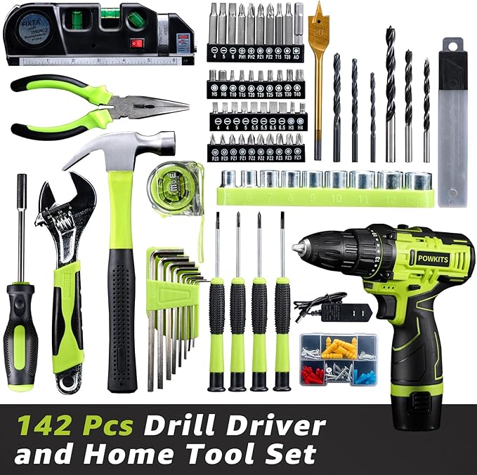 Cordless Drill Tool Set: 12V Power Drill Tool Kit with Battery & Charger, 142Pcs Home Hand Repair Tools Box, Portable Household Basic Drills Case for Men & Women, Green