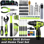 Cordless Drill Tool Set: 12V Power Drill Tool Kit with Battery & Charger, 142Pcs Home Hand Repair Tools Box, Portable Household Basic Drills Case for Men & Women, Green