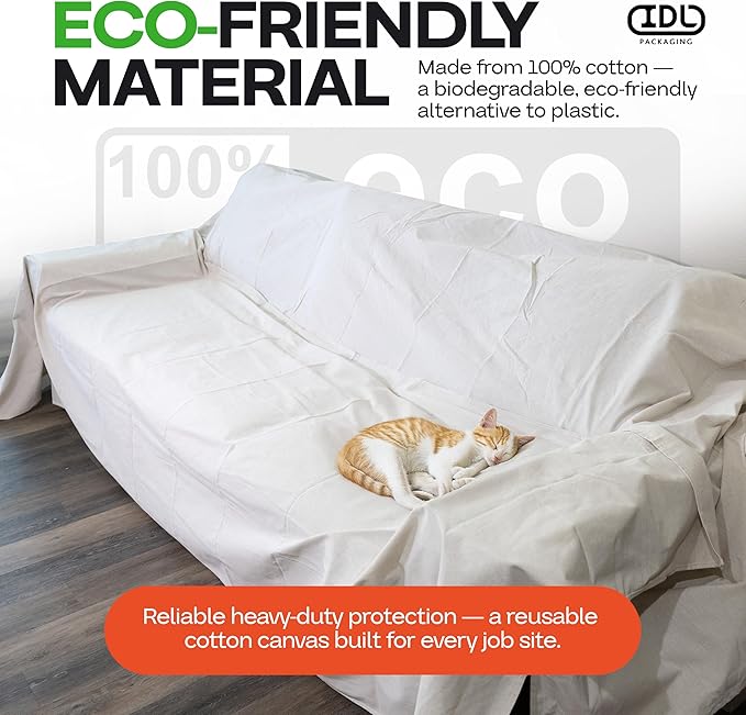 Canvas Drop Cloths 4' x 12', Pack of 2 - Reusable & Eco-Friendly Painters Drop Cloth for Furniture, Surfaces & Floor Protection - 100% Recycled Cotton Canvas Tarp for Home Renovation by IDL Packaging