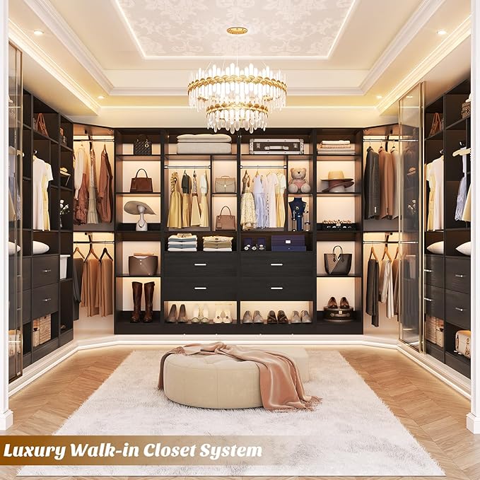 Large Corner Closet System with 3 Sets, 87.2" Closet Organizer System with 4 Drawers & 4 Hanging Rods, Reversible L Shaped Walk-in Closets, Load 2000+LBS, Black (87.2" L x 39.2" W x 80" H)