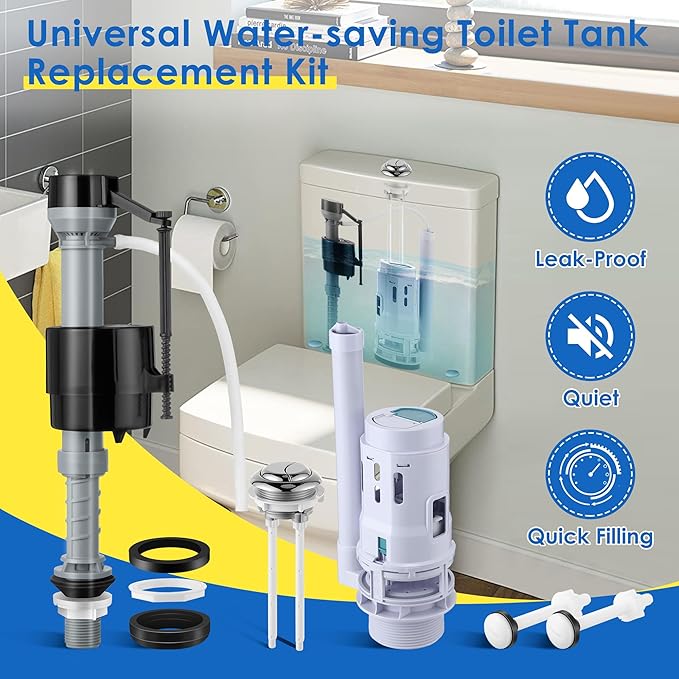 Saillong 1 Pack Universal Toilet Tank Replacement Kit, Include Dual Flush Valve with Push Button, Toilet Fill Valve, Bowl Gasket and Plastic Bolts, Tank Parts Replacement for 2-Piece (3 Inch)