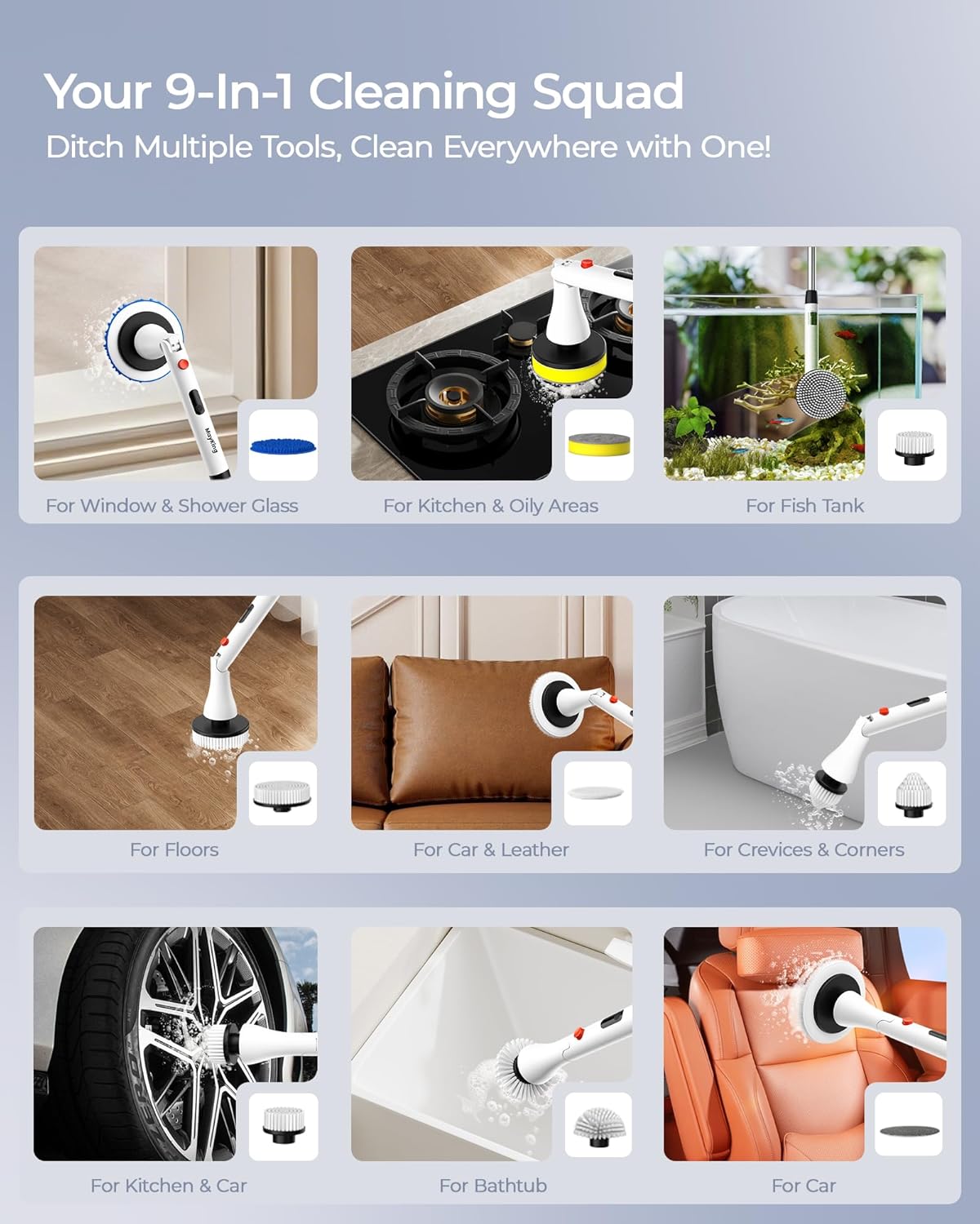 MayKing Electric Spin Scrubber with 9 Brush Heads, 3-Angle & 4-Length Adjustable Cordless Power Scrubber, 3-Speed & Battery LED Display, Electric Scrubber for Cleaning Bathroom Bathtub Floor Tiles