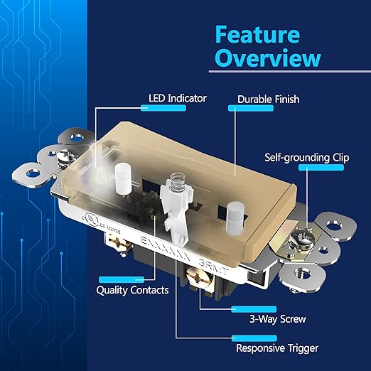 LIDER Minimalist Design Matte Finish Lighted Decorator Switch, Frameless Paddle Light Switch with Locator Light, Grounding Screw, 3-Way or Single Pole, 15A 120V, UL Listed, LS15-3W-GD, Gold
