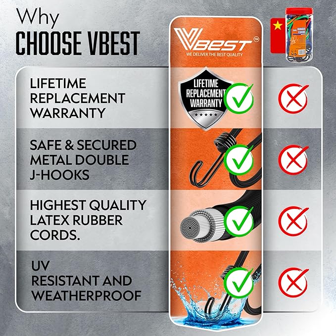 Heavy Duty Bungee Cords with Hooks, Black, 6-Piece Set, UV and Weather Resistant, Assorted Sizes 12", 24", 36", for Cargo, Camping, Moving, Truck Bungies Outdoor