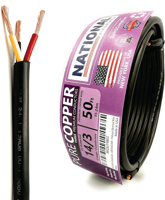 NATIONAL Wire & Cable – 14 AWG 3-Conductor Premium Copper Wire, 50 ft, Stranded | Made in USA, Heavy-Duty Flexible Jacket | Automotive, Low Voltage, LED, Lights, DIY, Indoor and Outdoor Use5