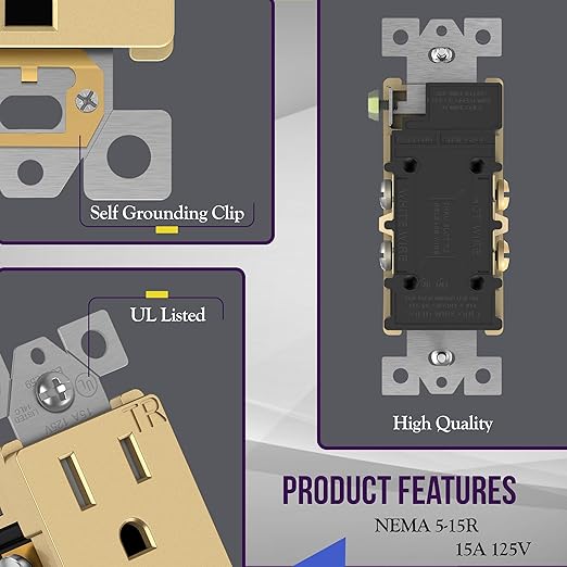 ENERLITES Elite Series Decorator Receptacle Outlet Child Safe Tamper-Resistant, Gloss Finish, Self-Grounding, Residential Grade, 15A 125V, 61501-TR-GDWBP, Brushed Gold