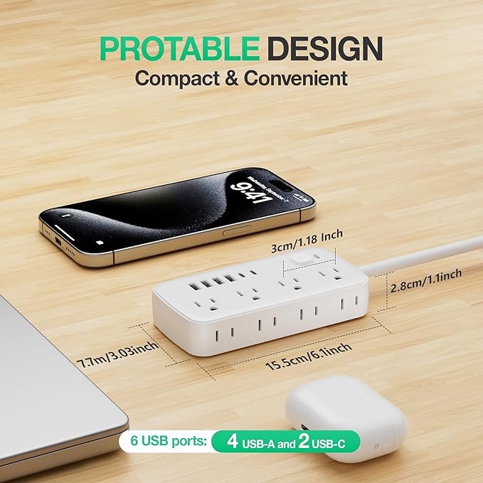 Surge Protector Power Strip - 8 AC Outlets & 6 USB Ports (4A/2C), 1080J Extension Cord with Multiple Outlets, 2-Sided Outlet Extender, 5FT Extension Cord, Wall Mount for Travel, Dorm Room