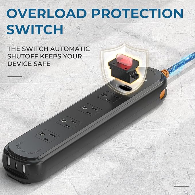 Outdoor Power Strip Weatherproof, 7-in-1 Surge Protector with 4 Wide Outlets 2USB A and 1USB C,1875W/15A, 10FT Flat Plug Multi-Plug Outdoor Extension Cord for Indoor Outdoor, UL FCC Listed