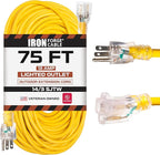 Iron Forge Cable Weatherproof 75 Ft Outdoor Extension Cord - 14/3 SJTW 13 Amp Heavy Duty Yellow Extension Cord 3 Prong - Lighted End