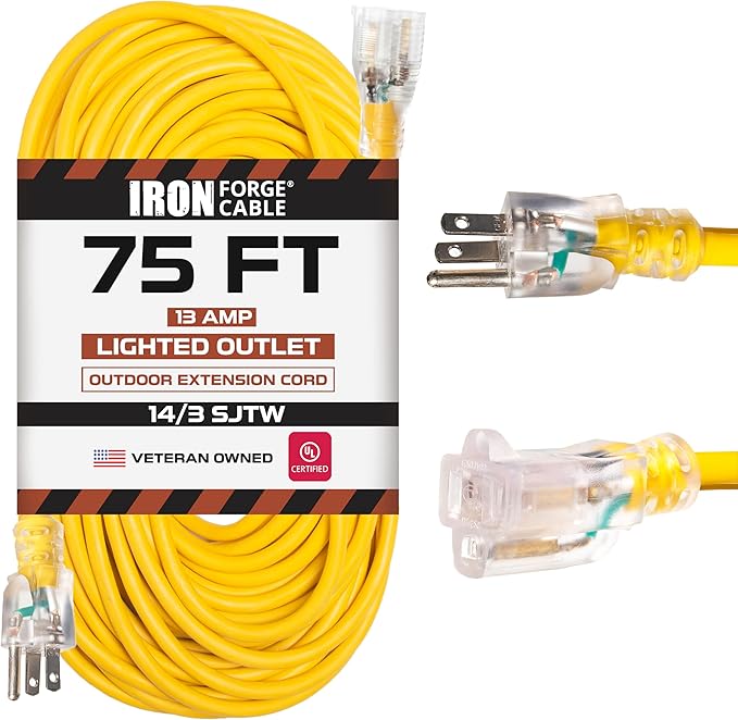 Iron Forge Cable Weatherproof 75 Ft Outdoor Extension Cord - 14/3 SJTW 13 Amp Heavy Duty Yellow Extension Cord 3 Prong - Lighted End