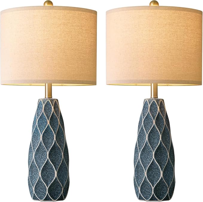 27.5" Ceramic Table Lamps for Living Room Bedroom Lamps Set of 2 Modern Boho Bedside Lamps Night Stands Farmhouse Vintage Large Nightstand Lamp Reading Light Home Office Dorm Desk Deco Gifts, Blue