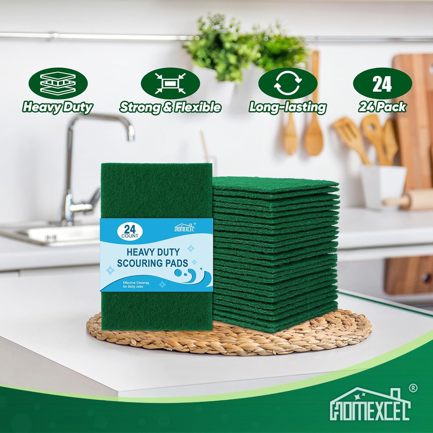 HOMEXCEL Heavy Duty Scouring Pad, 24 Pack Green Scrubbing Pads, Dish Scrubber Reusable for Cleaning, Multipurpose Scrub Pads for Household Kitchen Dishes Pots Pans & Metal Grill