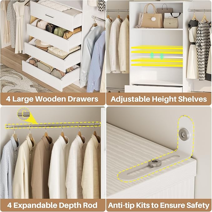 Aheaplus 4-9Ft Closet System, Closet Organizer with 4 Wooden Drawers, Wood Closet Organizer System with Tower, Walk-in Closet Organizer Wardrobe and Storage with 4 Hanging Rods, 11White