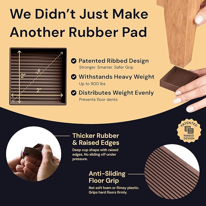 CasterMaster Square Rubber Furniture Pads - 2in x 2in, Pack of 8, Brown - Non-Slip Furniture Sliders for Hardwood Floors - Rubber Feet, Floor Protectors for Chairs & Hardwood Surfaces