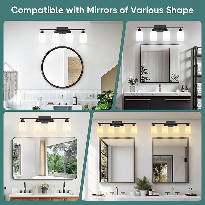 Ascher Bathroom Light Fixtures, 4-Light Vanity Light Over Mirror, Matte Black Wall Sconces with Milky White Frosted Glass Shades, Wall Lamp for Living Room Bedroom, E26 Base(Bulbs Not Included)