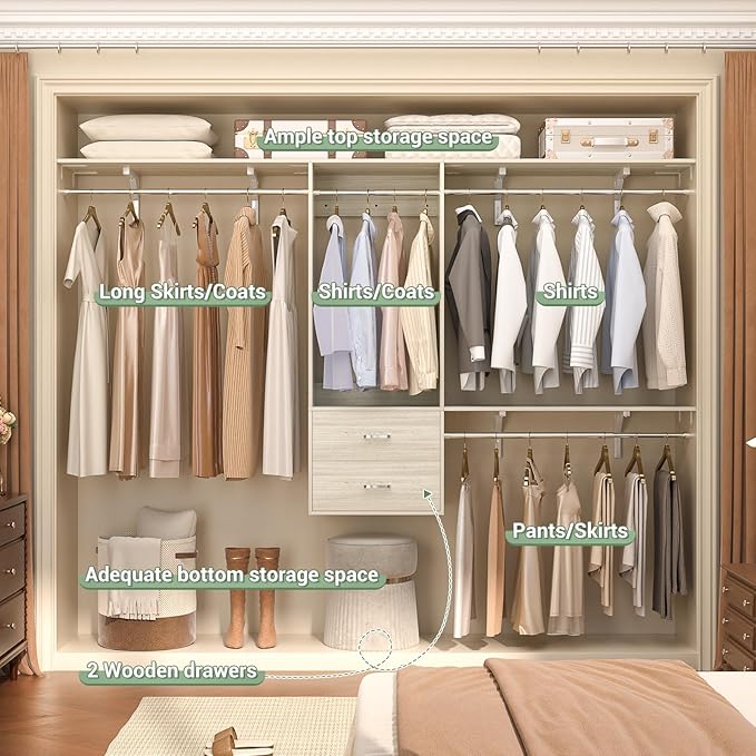 Cyclysio 8 FT Hanging Closet Organizer, 96 Inch Closet Organizer and Storage with 4 Adjustable Rods and 3 Shelving Towers, Wardrobe with Drawers for 4-8FT Spaces(Cut-to-Fit), Oak