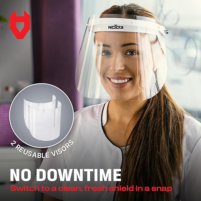 NoCry Protective Face Shield Mask with Adjustable Headband and 2 Reusable Plastic Visors — Flip-Up Design with Durable Metal Hinges — Anti-Slip Forehead Padding — Fits Over Glasses
