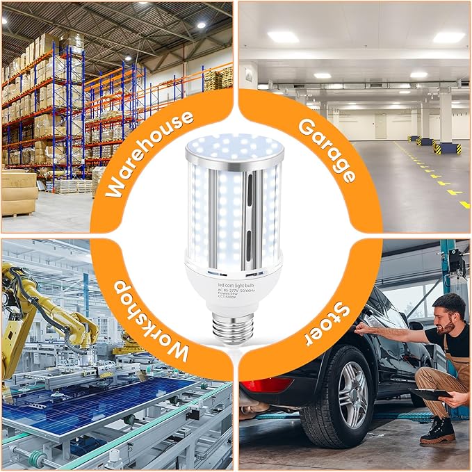6 Pack 54W Corn LED Light Bulb,(480 Watt Equivalent) Fanless E26/E27 Medium Base LED Cob Lamp 5000K Daylight 6,800LM for Outdoor Indoor Garage Warehouse Factory Workshop Street Backyard