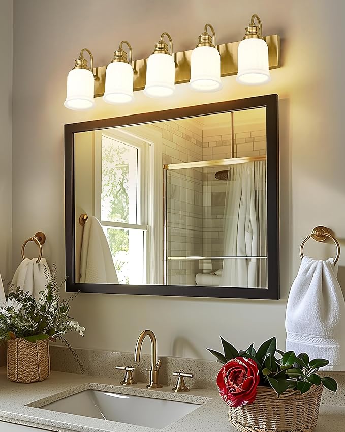 5-Light Bathroom Vanity Light, HWH Brushed Gold Bathroom Lighting Fixtures Modern Vanity Sconce Over Mirror 33'' with Frosted White Bell-Shaped Glass, 5HZG106B-5W BG