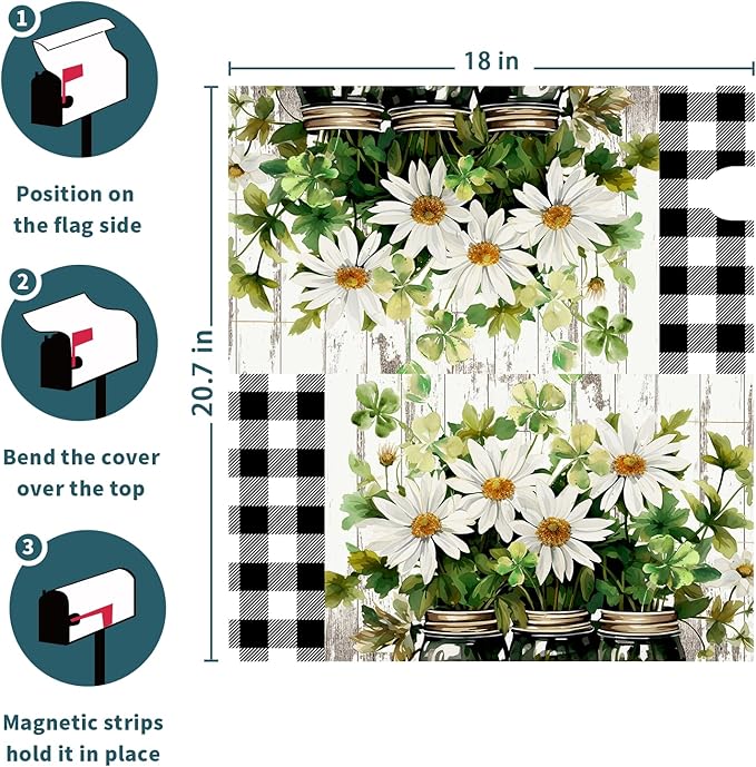 Buffalo Plaid Daisy Mailbox Covers - Magnetic, Waterproof, Spring/Summer Floral Designs - Standard Size 21 x 18 Inch - Farmhouse Welcome Cover - Garden/Yard Decor