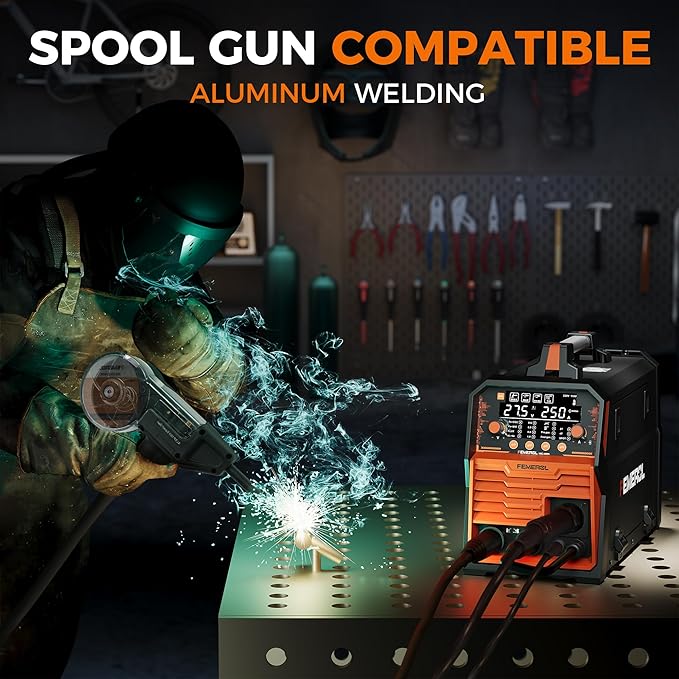 250A MIG Welder,6 in 1 Gas MIG/Gasless Flux Core/Stick/Lift TIG/Spot Welding/Spool Gun Compatible Aluminum Welding Machine Large LED Display 110V/220V Multi Process Welder
