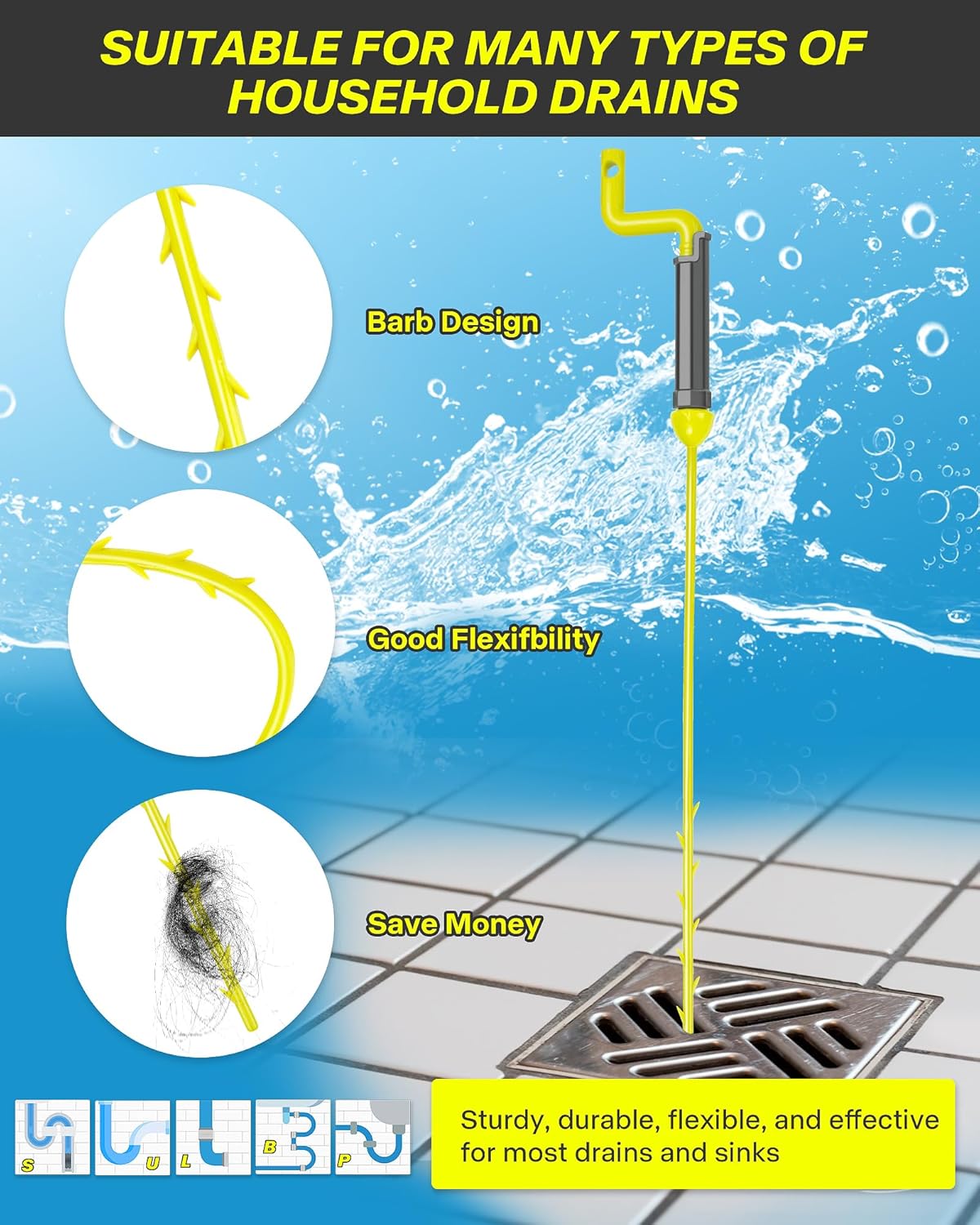 35inch Drain Clog Remover, Drain Cleaner Hair Clog Remover with Rotating Handle and 7 Refills, Drain Hair Remover Plumbing Snake, Easy and Quick Unclog Bathtub Drain, Sink, Shower (7 Pack)