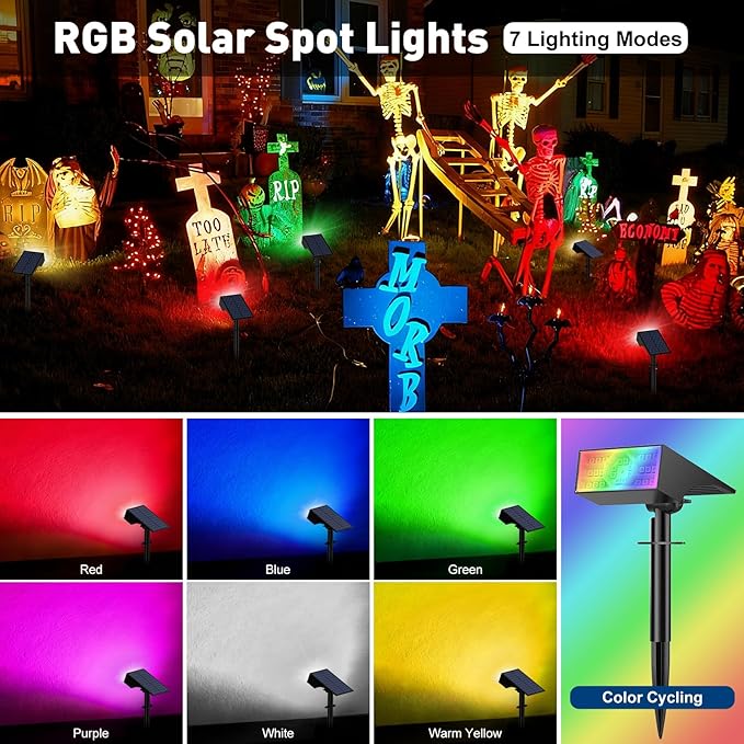 Solar Color Changing RGB Spot Lights Outdoor, 2 Pack/7 Lighting Modes Multicolor Outdoor Lights for Yard Waterproof IP68, Halloween Christmas Solar Landscape Powered Lights Garden Pathway