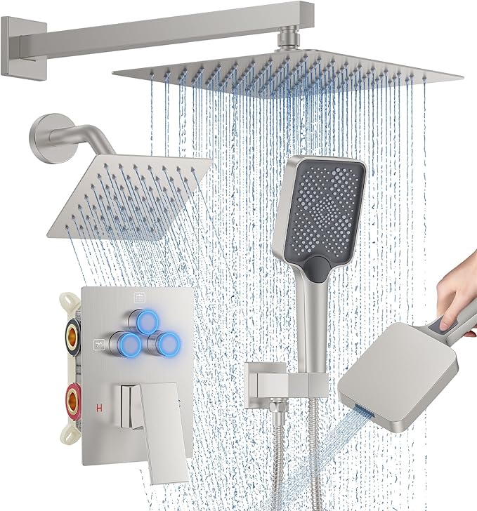 Shower Faucet Set, 10" Wall Mount Rainfall Shower System with 2 Rain Shower Head and Multi-function Handheld Head Push Button Diverter Shower Faucet Trim Kit Brushed Nickel